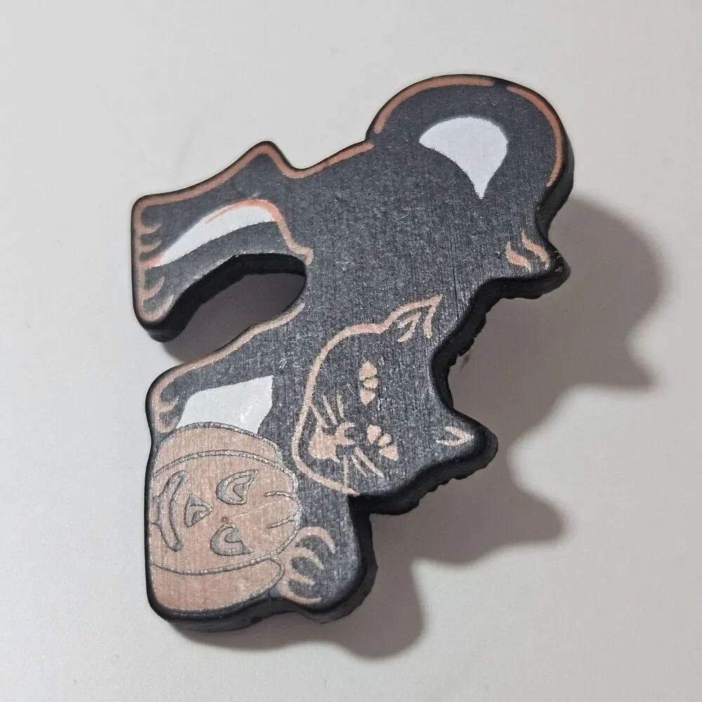 Halloween Black Cat And Pumpkin Wood Brooch